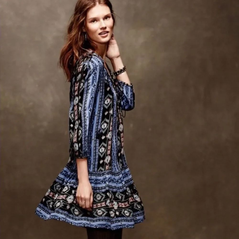 Anthropologie Holding Horses Winter Moon Blue Black Boho Tunic Mini Dress